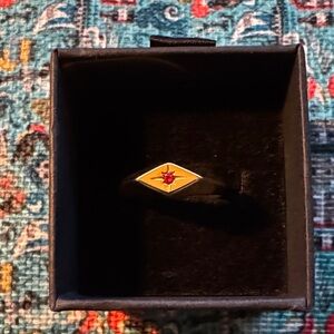 Gold Plated Stainless Steel Diamond-Shaped Ring with Red Stone Accent (NEW)